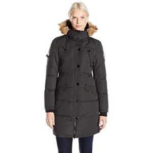 Noize Kaylee Quilted Faux Fur Trim Hooded Parka Coat in Black Size L